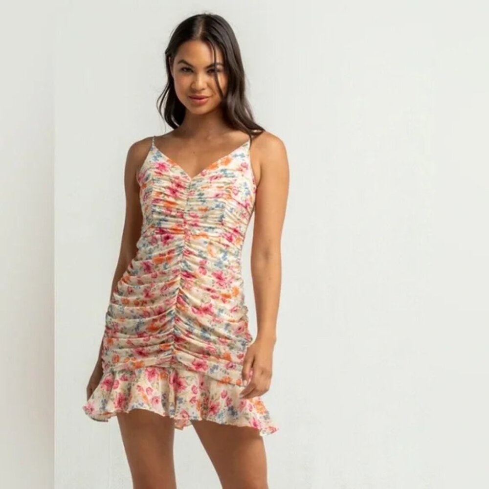 Astr Cami Floral Ruched Mini Dress - M